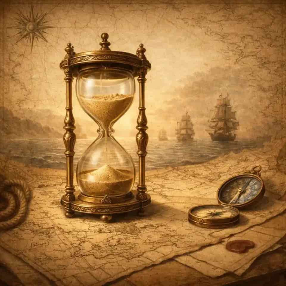 Sanduhr vor maritimer Kulisse als Symbol für fortschreitende Spielzeit