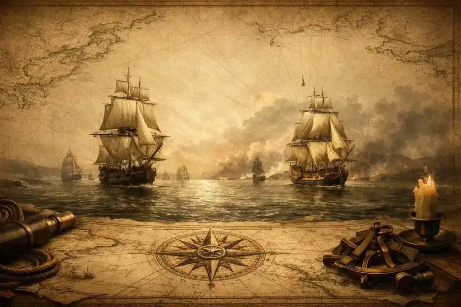 Historische Segelschiffe auf See vor einer antiken Karte im Stil des 18. Jahrhunderts